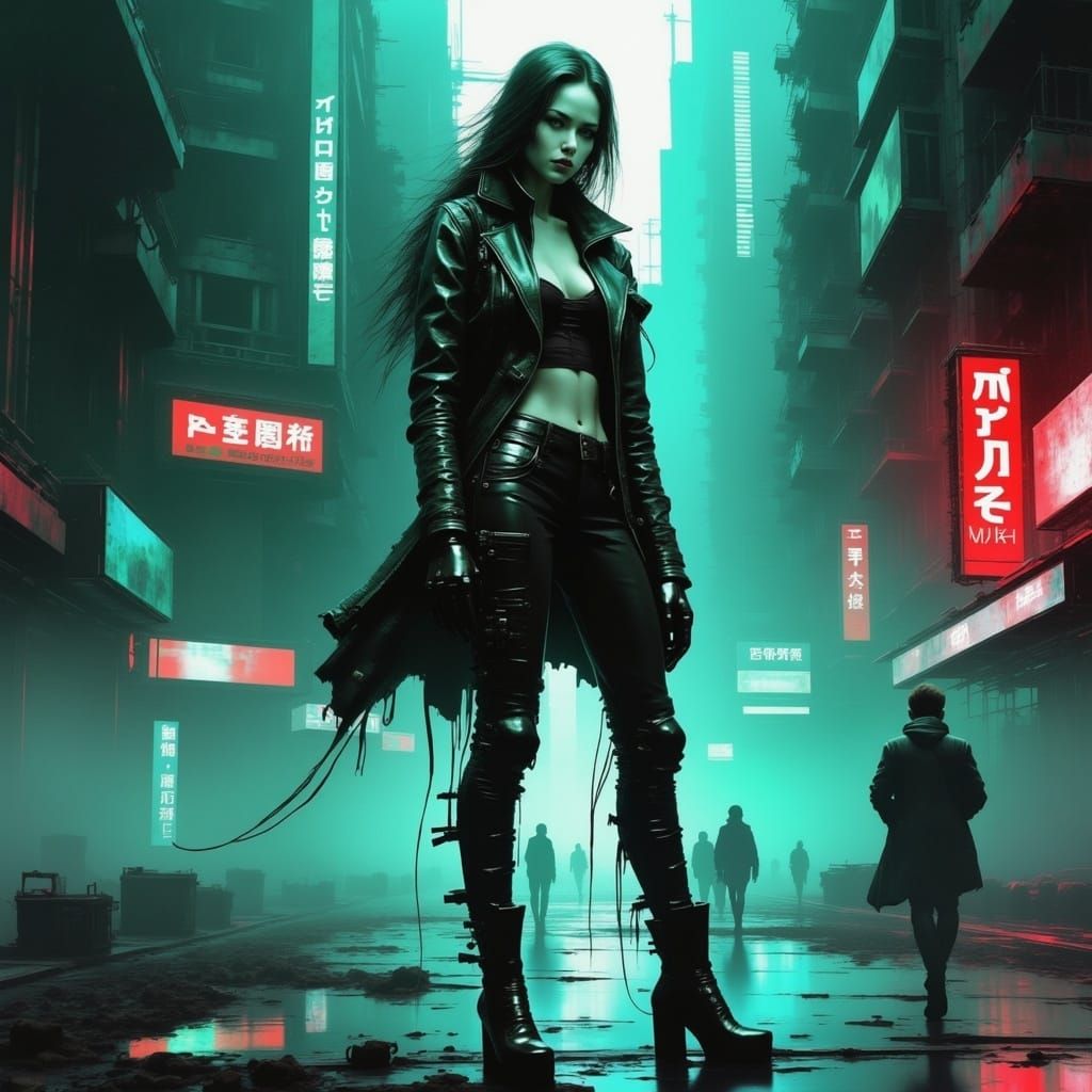 <lora:Afterlife:1.0>; 8k; a stunning photo realistic grunge painting; futuristic cyberpunk woman; distopian city at night; colorful tones; o...
