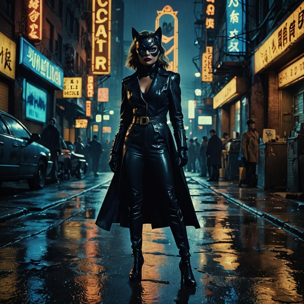 A Cat Woman as portrayed by Michelle Pfeiffer wearing high heals standing in a dark dystopian Gotham City