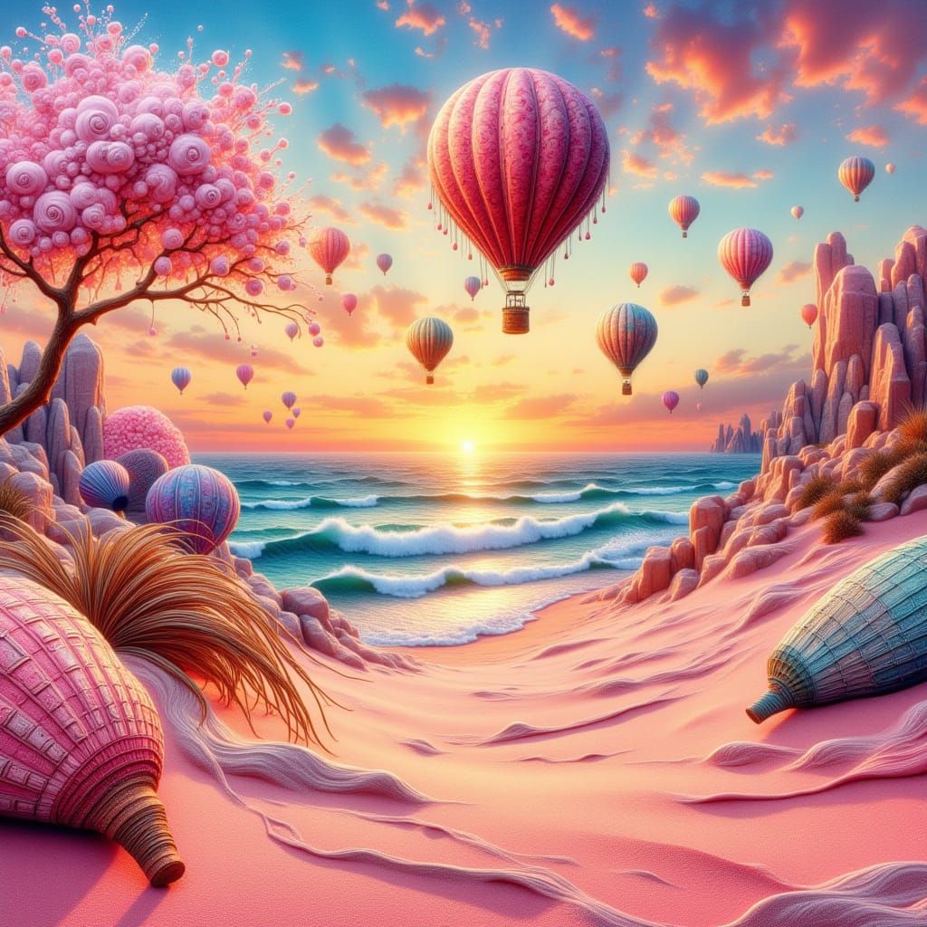 <lora:Water and Colour:1.0>Pink sands beach scene, an intricate detailed engraved hot air balloon floating overhead whimsical photorealistic...