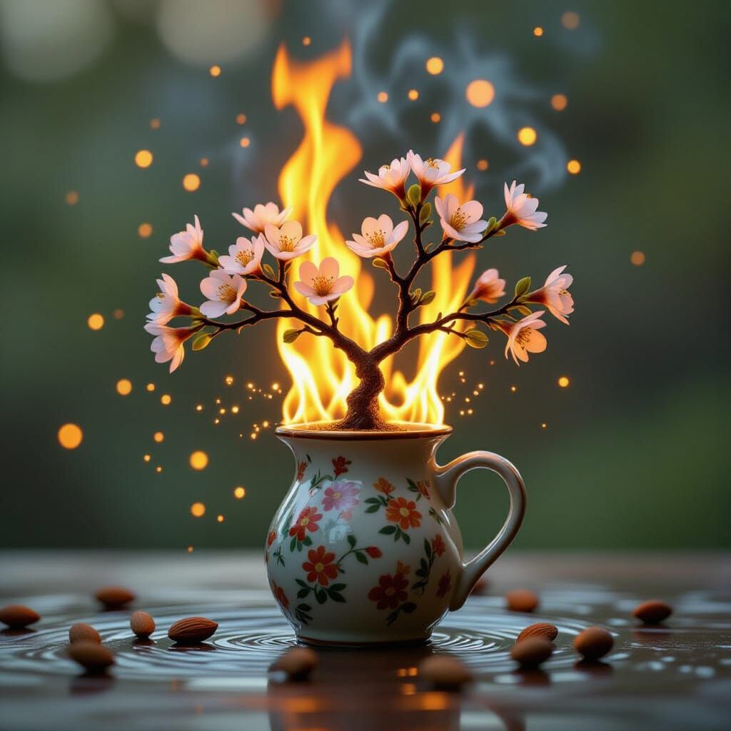 Almond Tree Ballet in Flames: Vibrant Close-Up Portrait