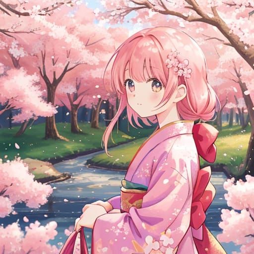 Anime Girl Walks Through Vibrant Sakura Trees in a Soft Pink...