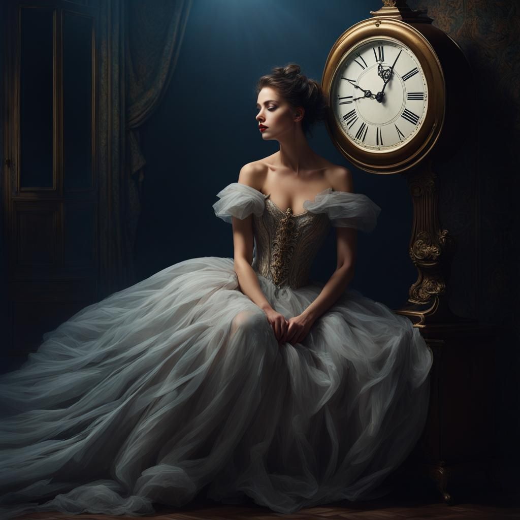 Dreamy woman wearing ragged gown, clock struck midnight ever...