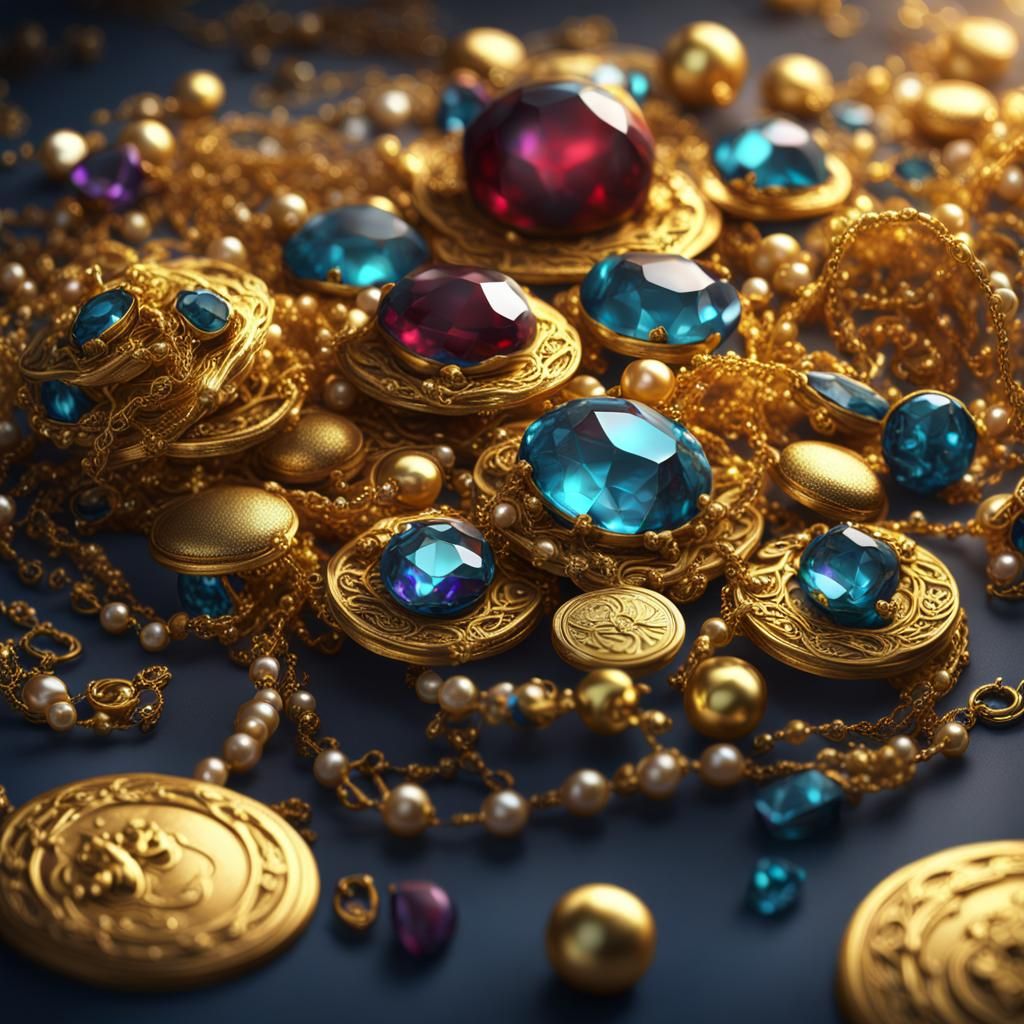 Jewels, gems, coins, jewelry, pearls. Rich gold and sparkle....