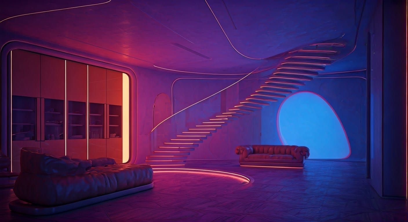 Zaffre, Electric violet, Fuchsia, Vivid sky blue, Orange (crayola) modern architecture space Age styled luxury bedroom with majestic dynamic...