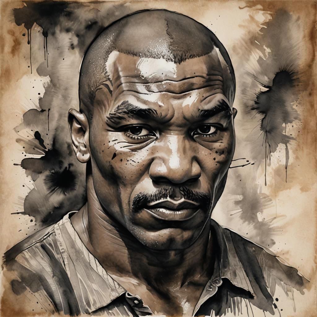 A black and white watercolor painting. A portrait of Mike Ty...