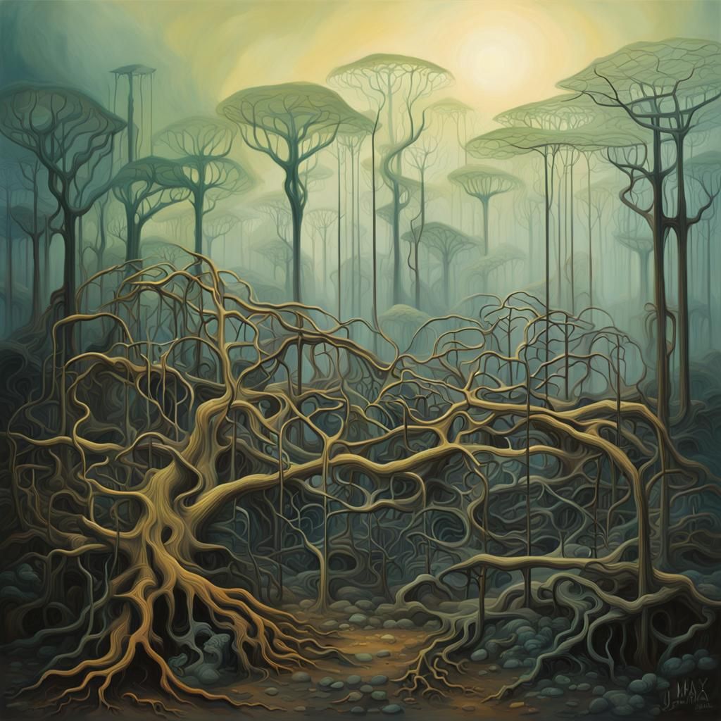 Ethereal Ghost Town in a Forest transparent structures, mysterious ruins, and buildings in an overwhelming carnivorous tropical post-apocaly...