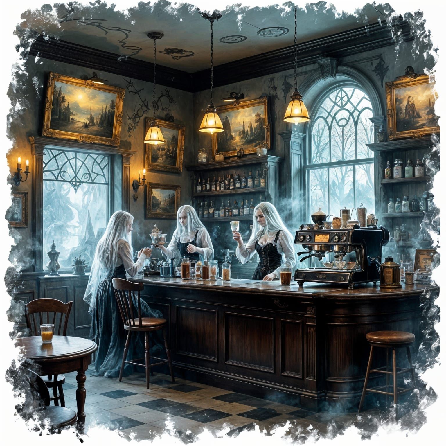 A supernatural coffee shop with a haunted yet cozy atmosphere. Ghostly baristas serve enchanted brews, ...  by @Likra