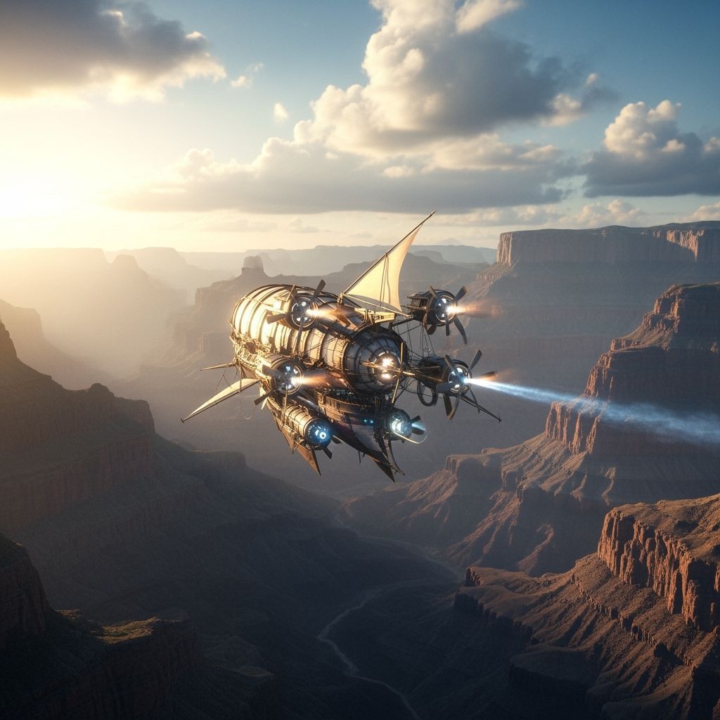 final fantasy style blimp/airship traveling above a vast canyon, hyper realistic