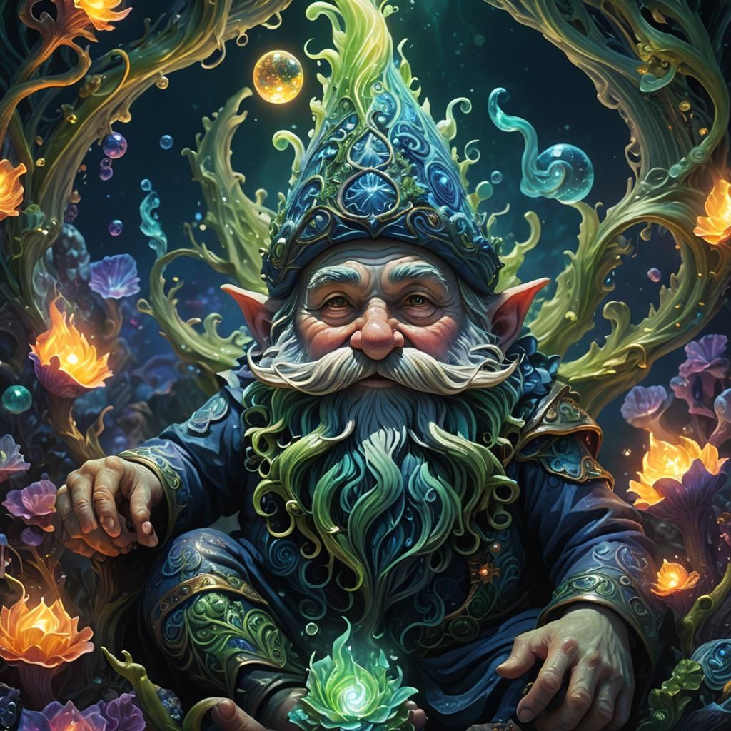 blue gnome of earth getting high in the green psychedelic fire of the deep ocean