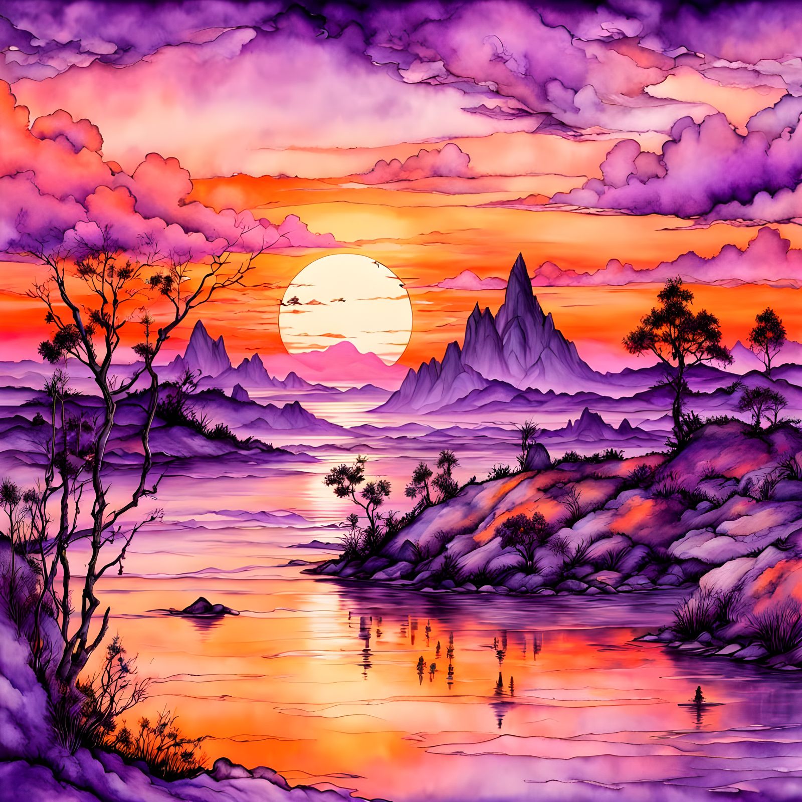 A beautiful sunset scene, palette shades of orange and purple  by @Taralie