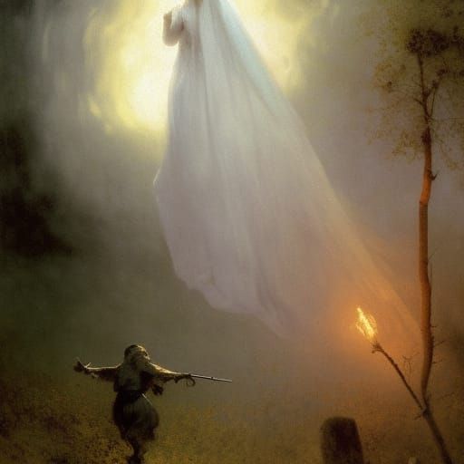 A white specter coming out of a Haunted house ;

triadic col...