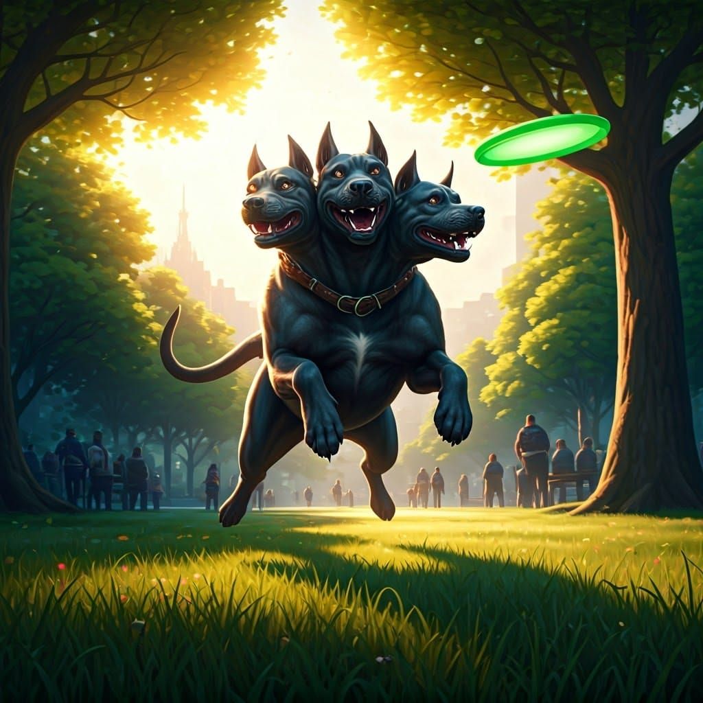 Cerberus the mythical 3-headed dog playing frisbee  by @Rayven13