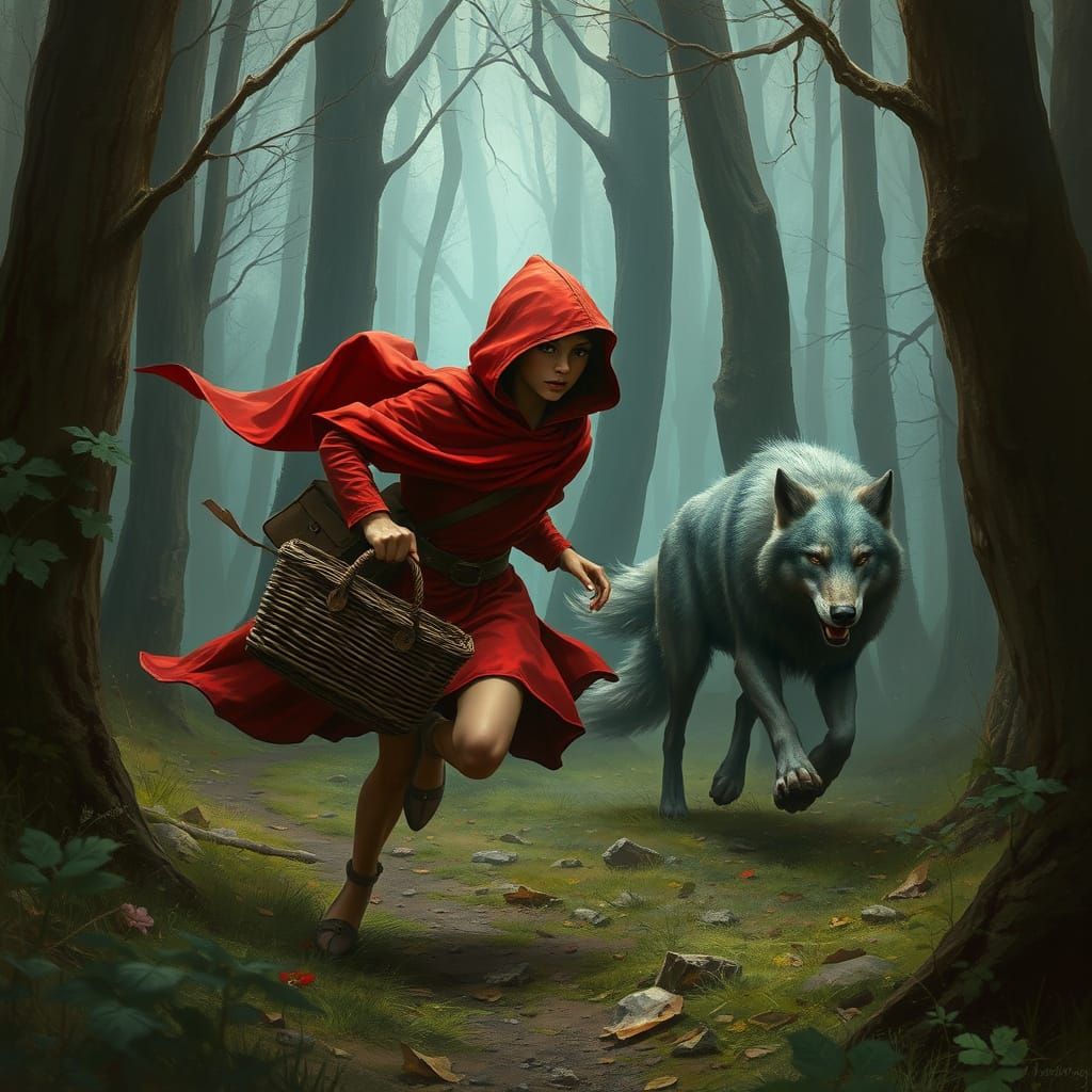 Hyperrealistic, red riding-hood and adversary 