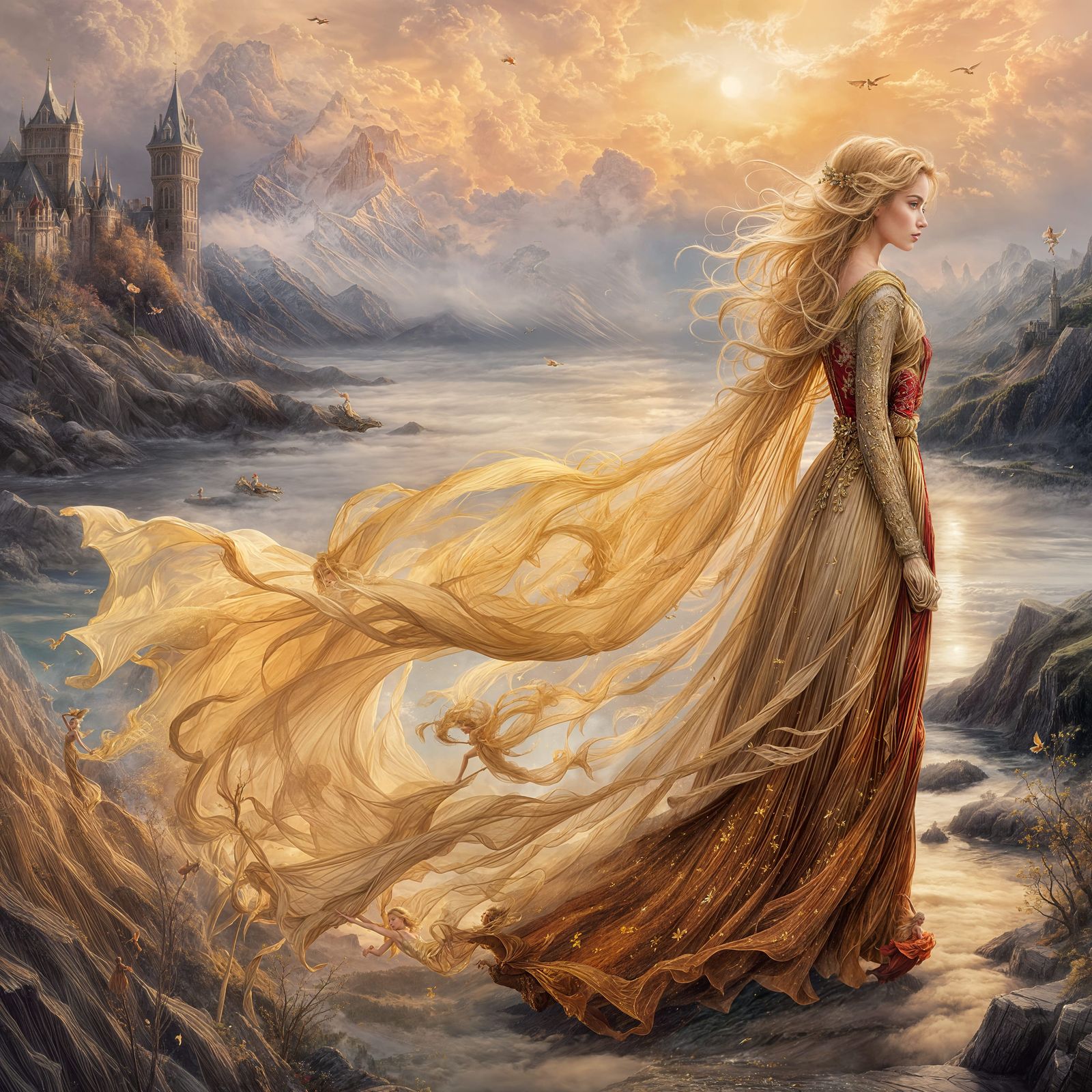 The blonde girl with golden hair flying in the wind, Shiny, and the long red dress flying in the wind ...  by @waad mousad