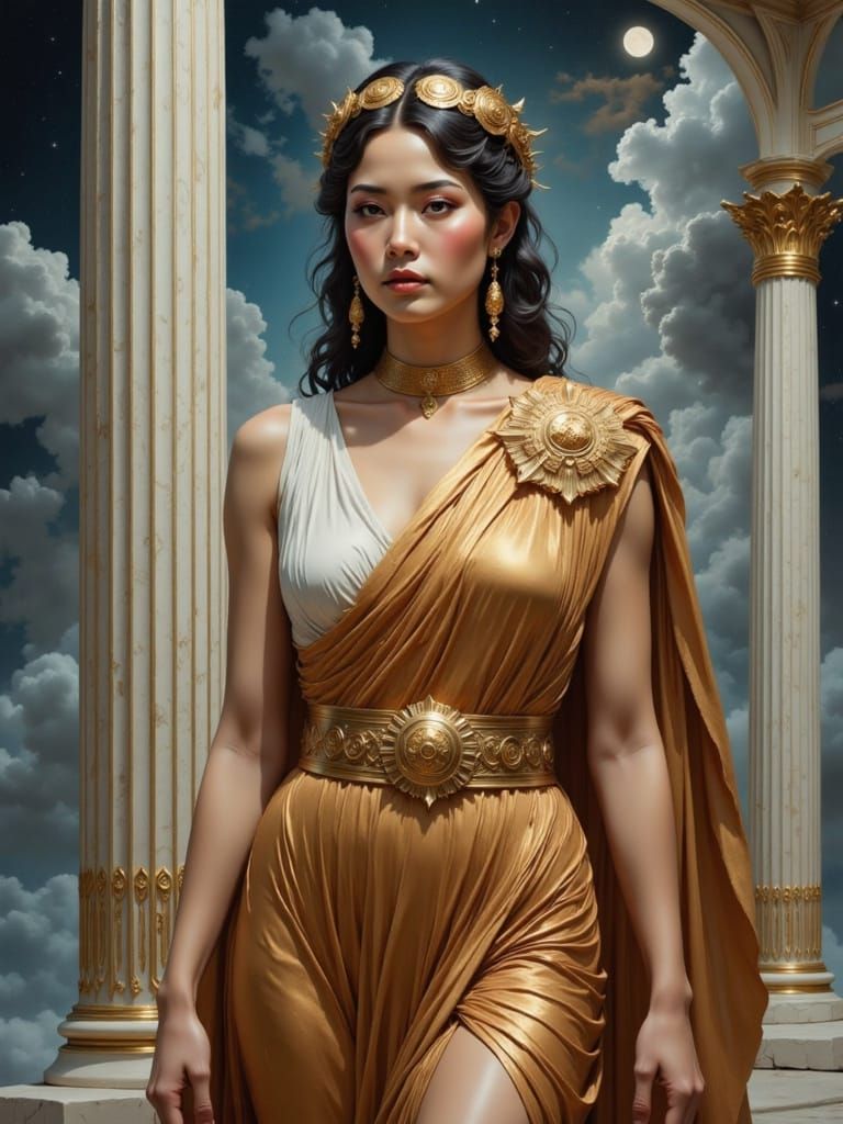 Mythological Woman in Shimmering Robe and Gold Accents