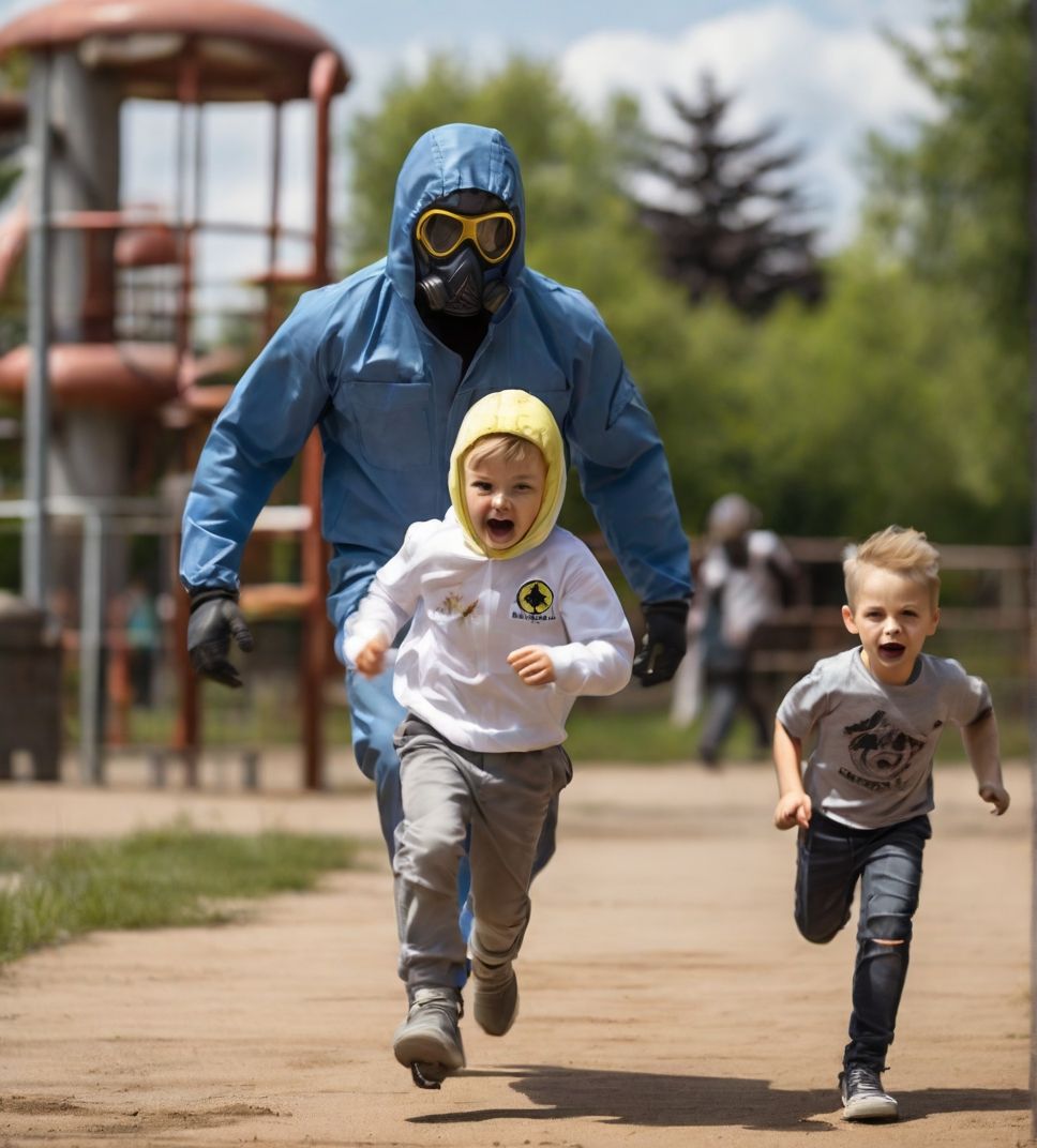 Summer, sun, playground 2020: Grim police officer in protect...