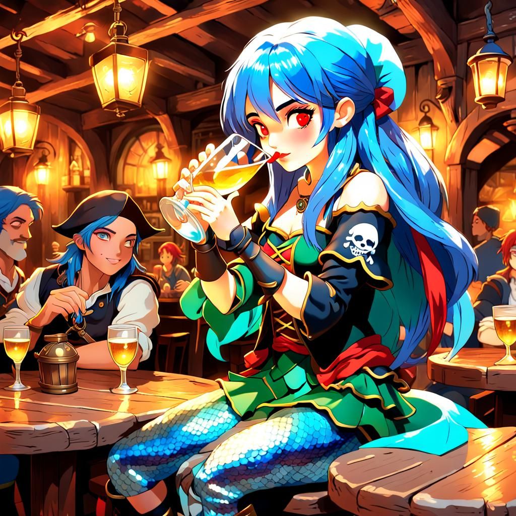 masterpiece), best quality, expressive eyes, perfect face (helena meta) cuerpo pirata mujer pirata pelo azul  , ojos rojos, barco de era pi...