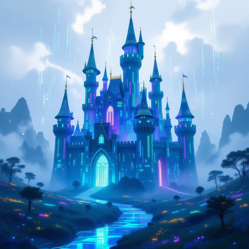 Cyberpunk Castle of Glowing Computer Code