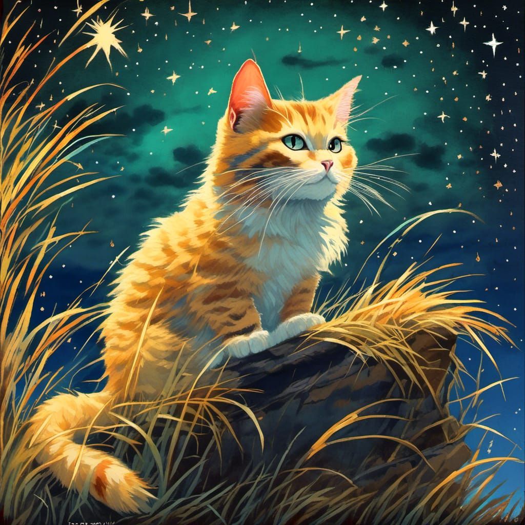 A cat bathed in golden moonlight under a star-studded night ...