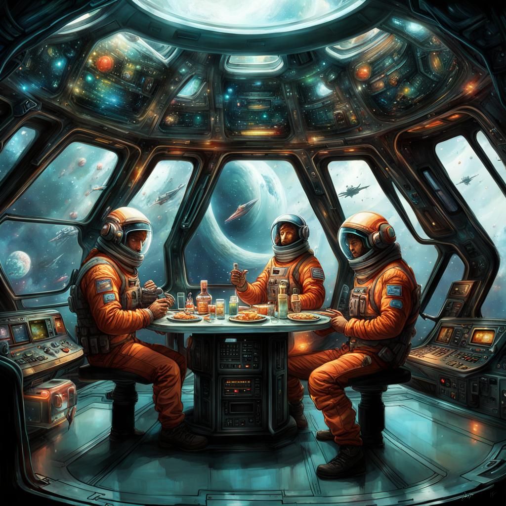 Spaceship with crew members eating sci Biology Diagrams