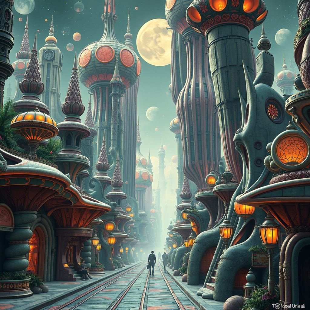  Biomorphic, interdimensional, alien city, (((art nouveau))) art nouveau futurist architecture. || Alien flora || Hyper future Lovecraft (po...