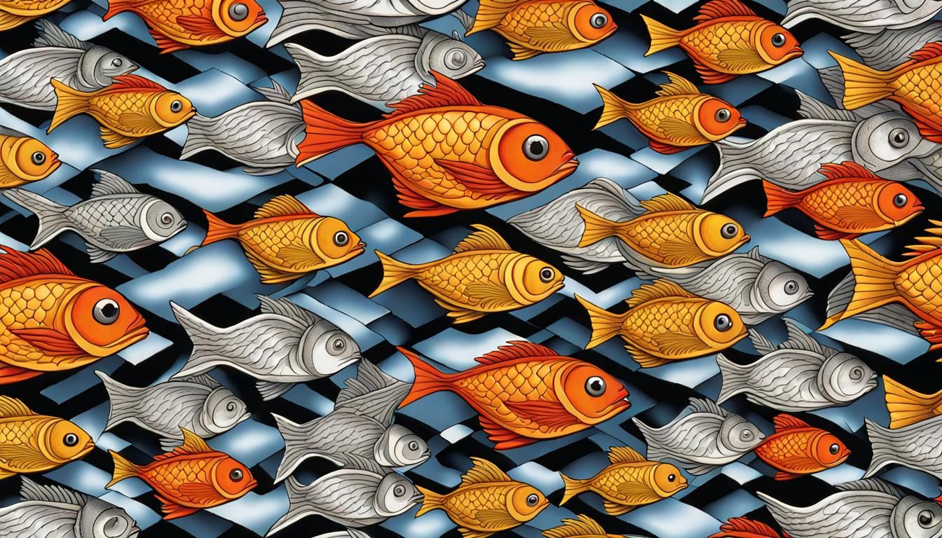 Optical illusion repeating pattern of fish inside birds figures. Highly detailed pattern elegant extremely detailed fant...