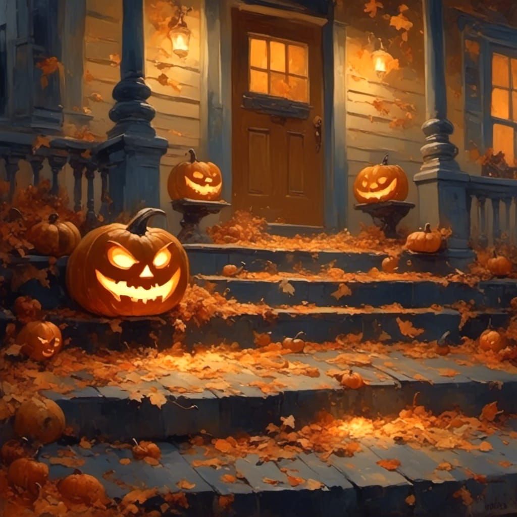  <lora:WhimsyFantastico2:1.0> A carved jack-o'-lantern glowing on a porch, with fallen leaves scattered around it