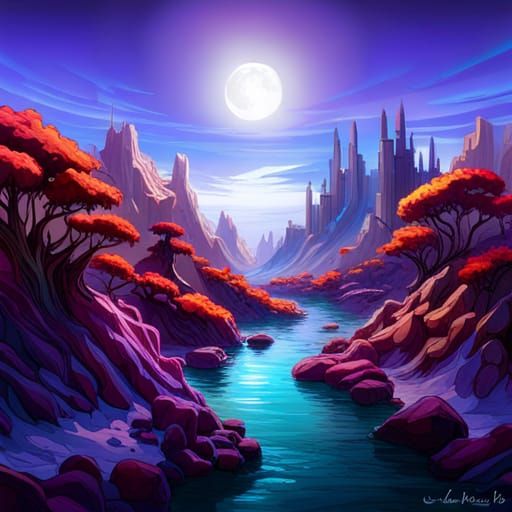Colorful fantasy landscape :: Magical wonderland scenic purple, blue, 8k  resolution concept art, by Karol Bak and Michael Divine, WLOP, Artg - AI  Generated Artwork - NightCafe Creator