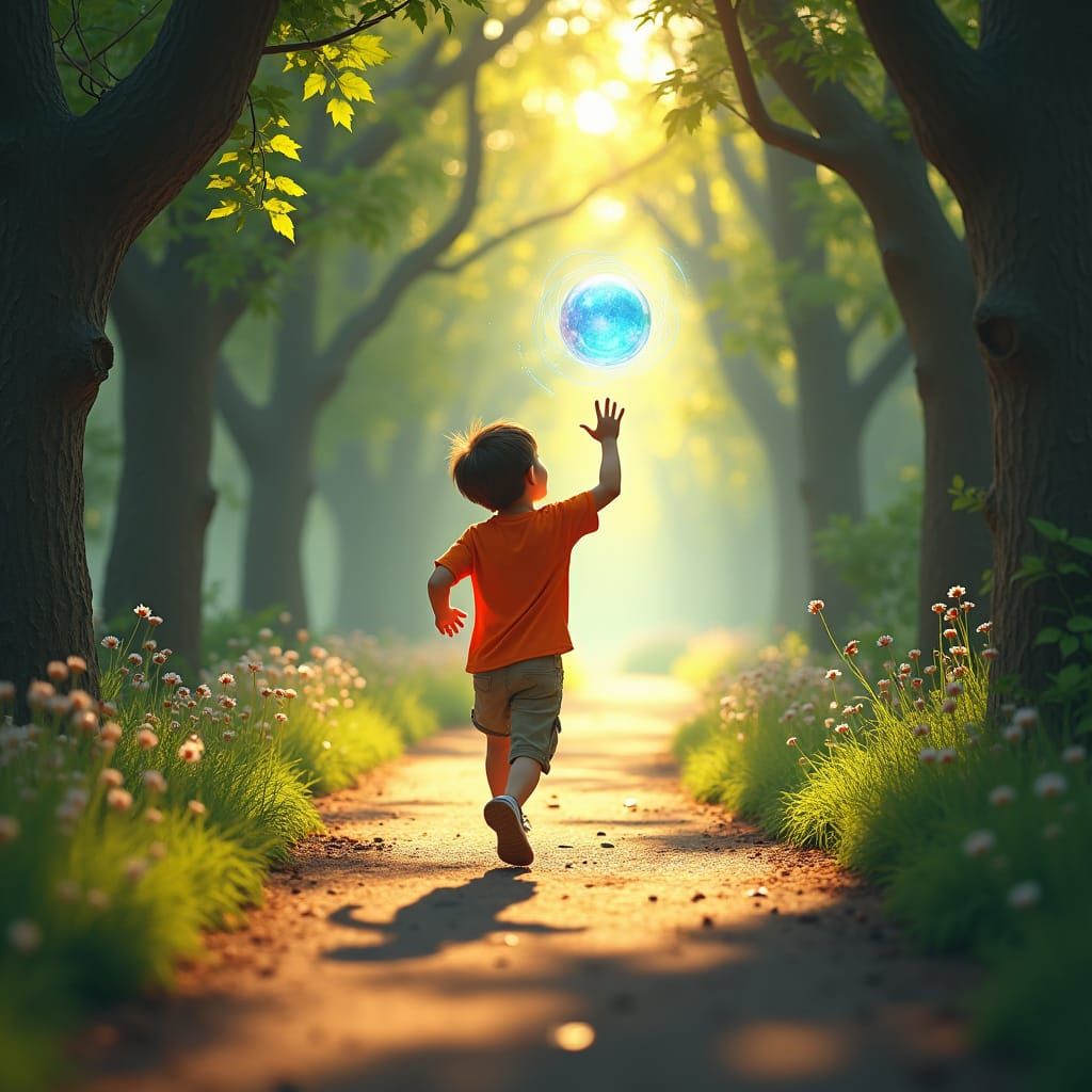 Boy Runs with Orb in Dreamlike Fantasy Avenue