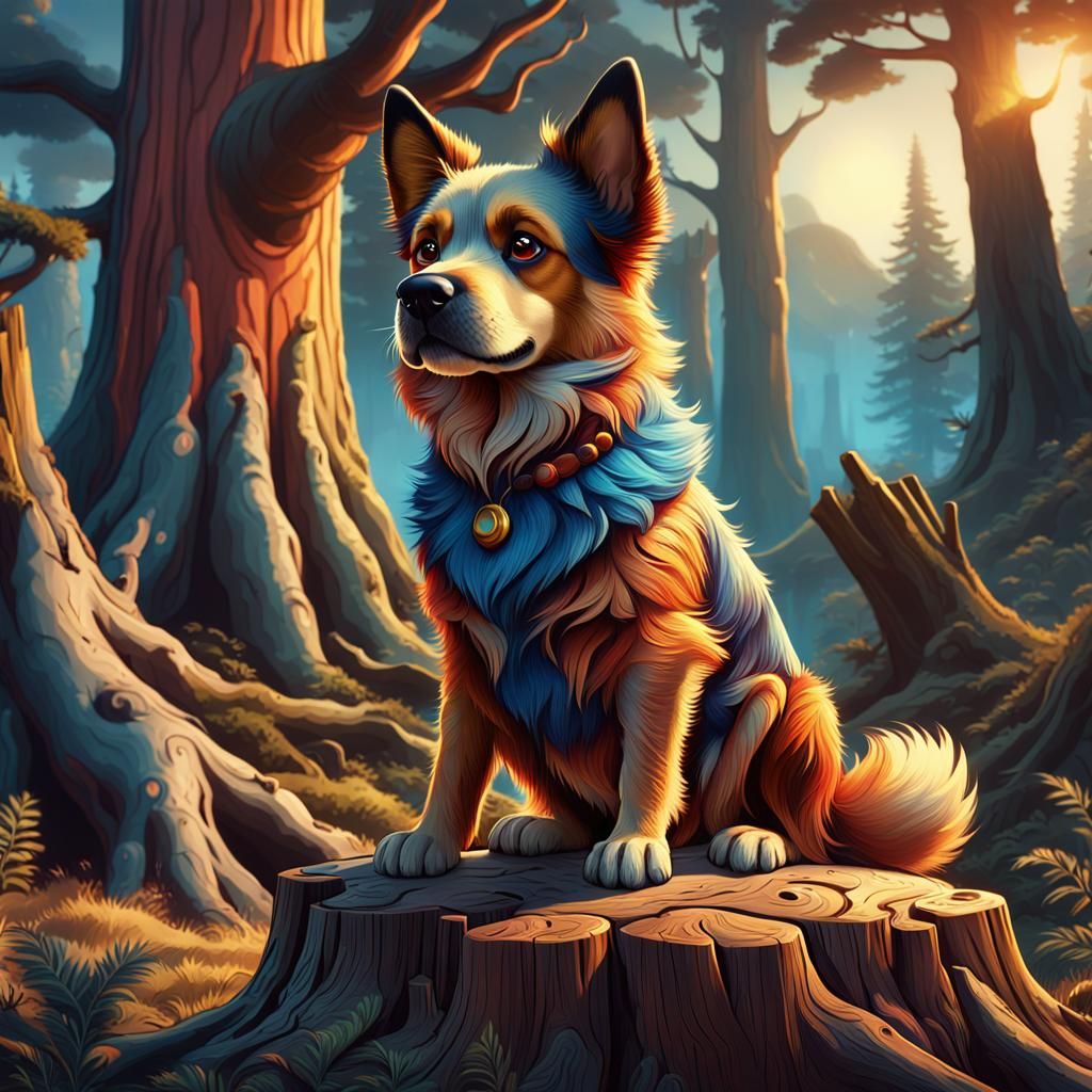 Cartoon Dog on Mystical Tree Stump