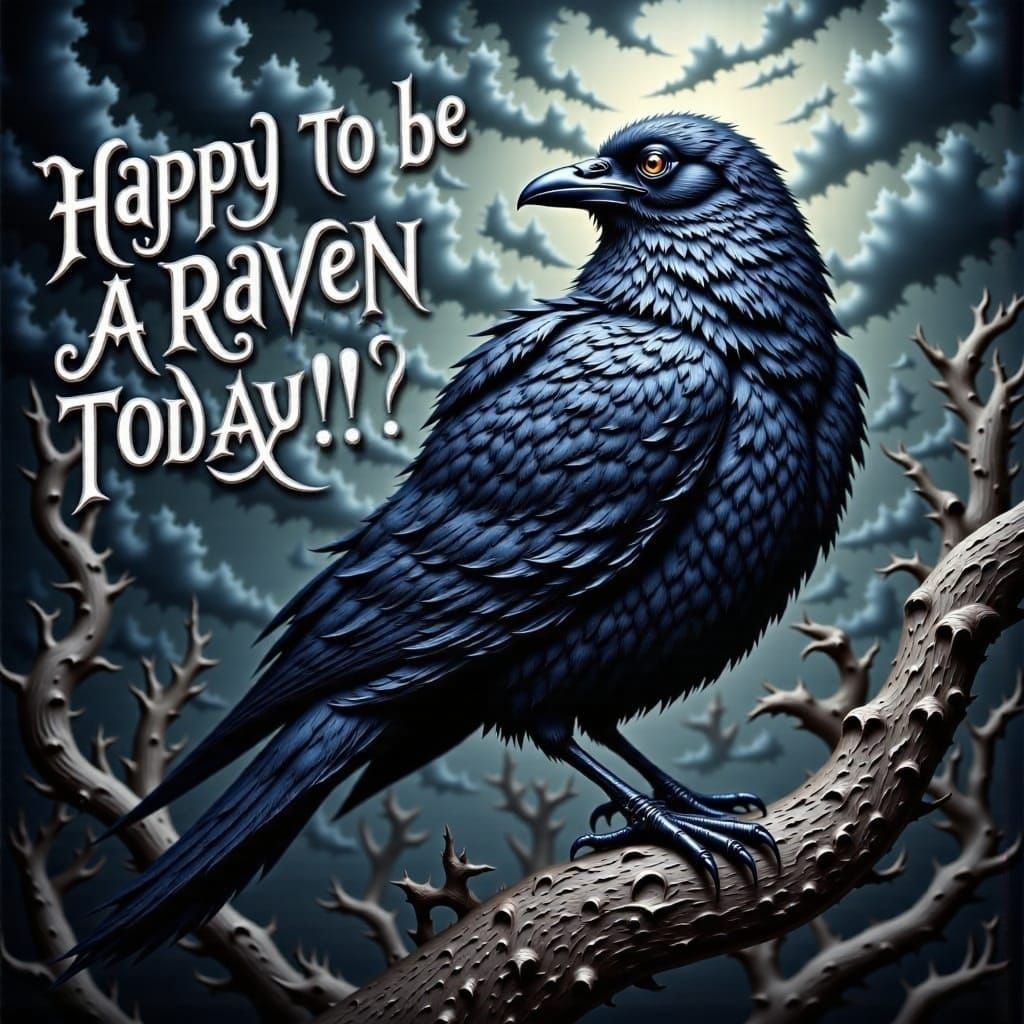  the words  "Happy to be a Raven today!" written in raven font over an image of a raven  <lora:Words:1.0> <lora:Grab Bag-Surprise:1.0> 