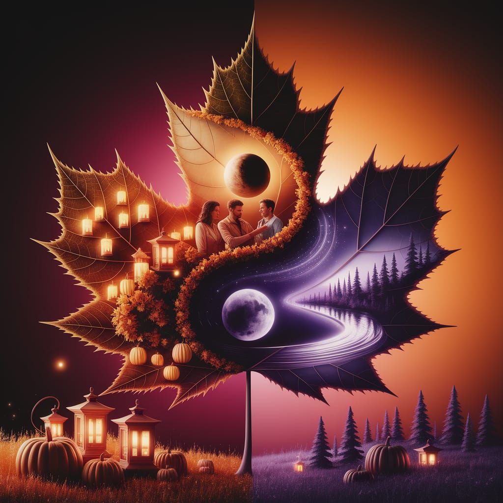 A surreal autumn artwork where the yin-yang symbol is reshaped into the form of a giant maple leaf. Its veins and edges form the flowing bal...
