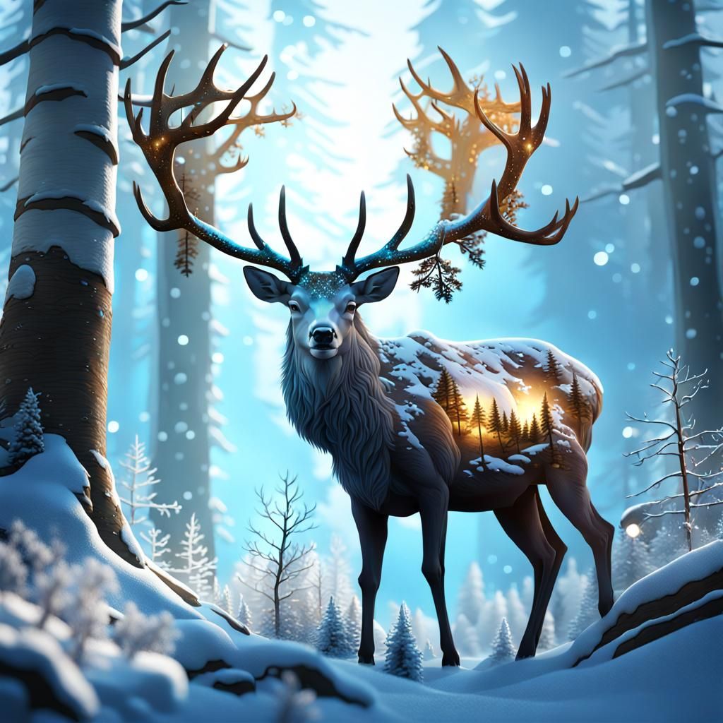 winter deer with double exposure effect forest inside the de...