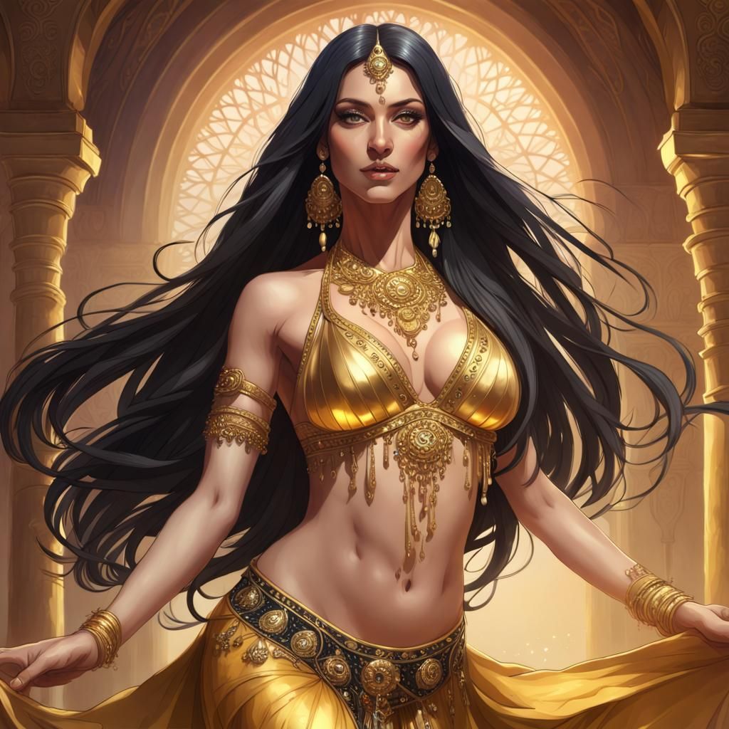 Belly dance, woman, long black hair, golden outfit