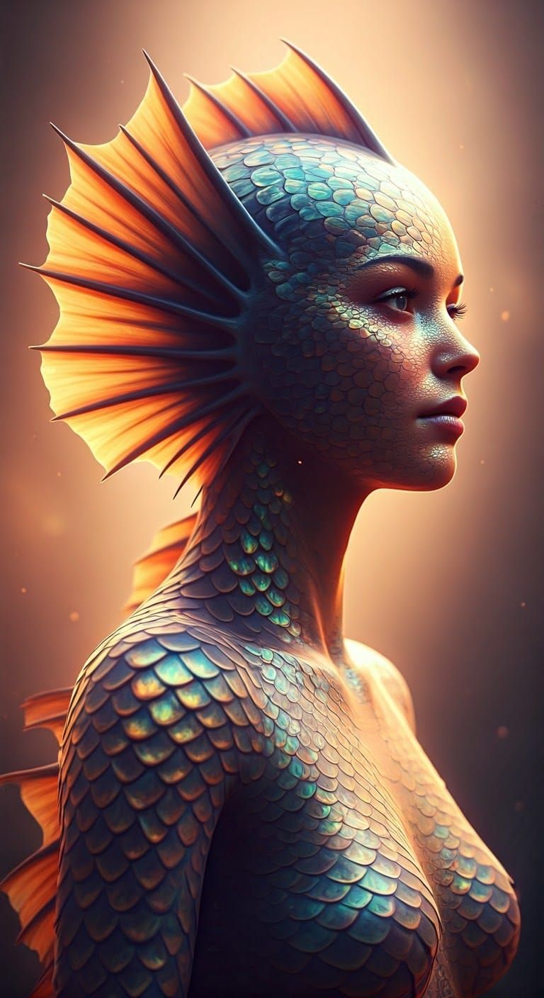 Whimsical Human-Fish Hybrid in Ethereal Mist