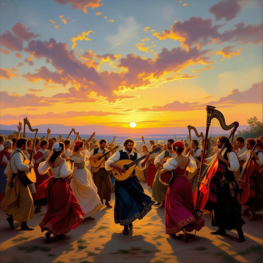 Joyful Celebration: Dancing and Music at Dawn in Romantic Ba...