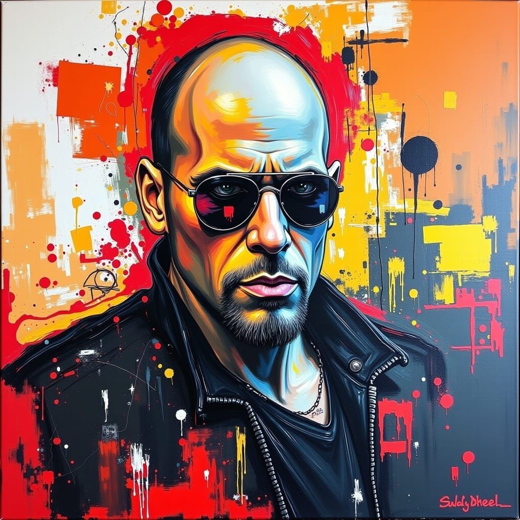 <lora:Modern Absrakt:1.0> Original abstract art painting, Abstract art painting, "VIN DIESEL: RIDDICK" Modern painting.