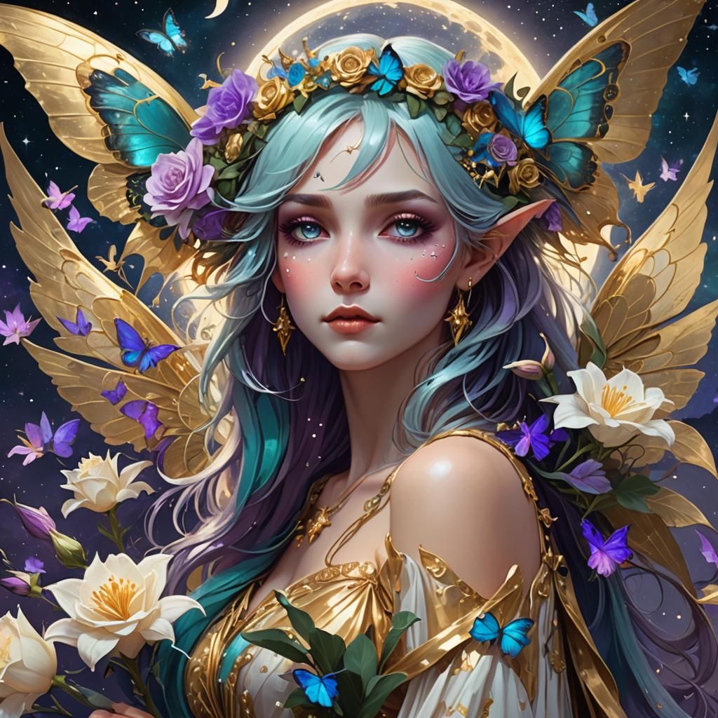 weeping fairy with iridescent   large wings wearing gold and...