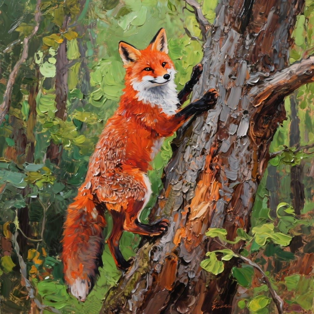 Fox Climbing Tree in Impasto Oil Painting