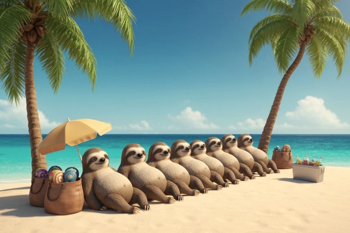 Group of relaxing sloths, laying in a straight row, tanning on a beach on the Maldives
