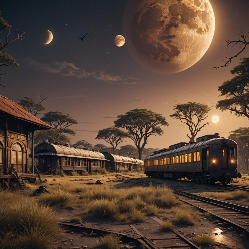 Abandoned train depot in African savannah under full round g...