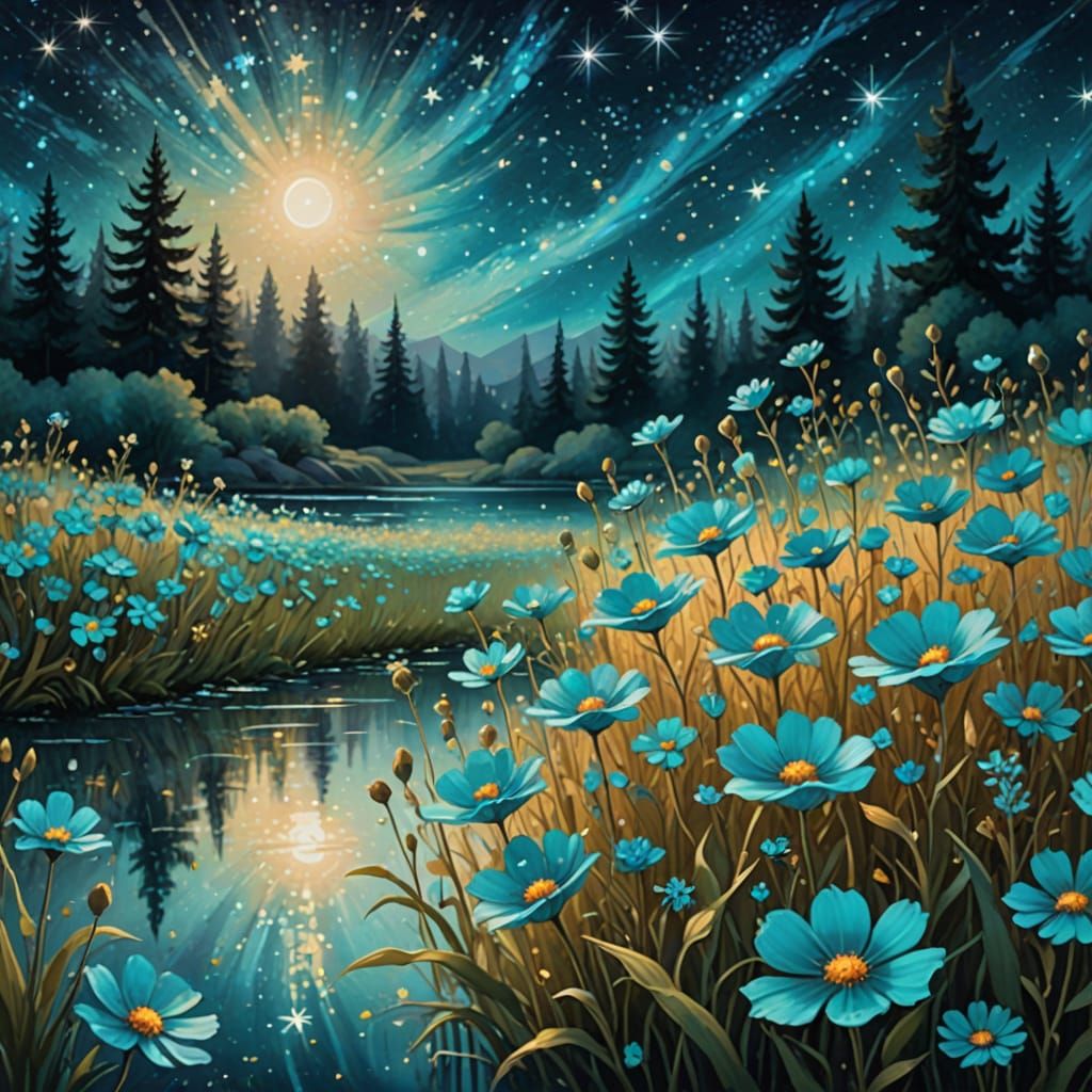 Whimsical fantasy art. Medium shot. An enchanted meadow filled with turquoise flowers under a starry ...  by @Fungidelight