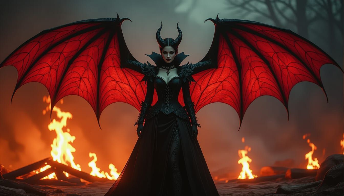 A vampire female with huge bat wings in the foreground with a bonfire in the background. the flames and be seen through the bat wings showin...