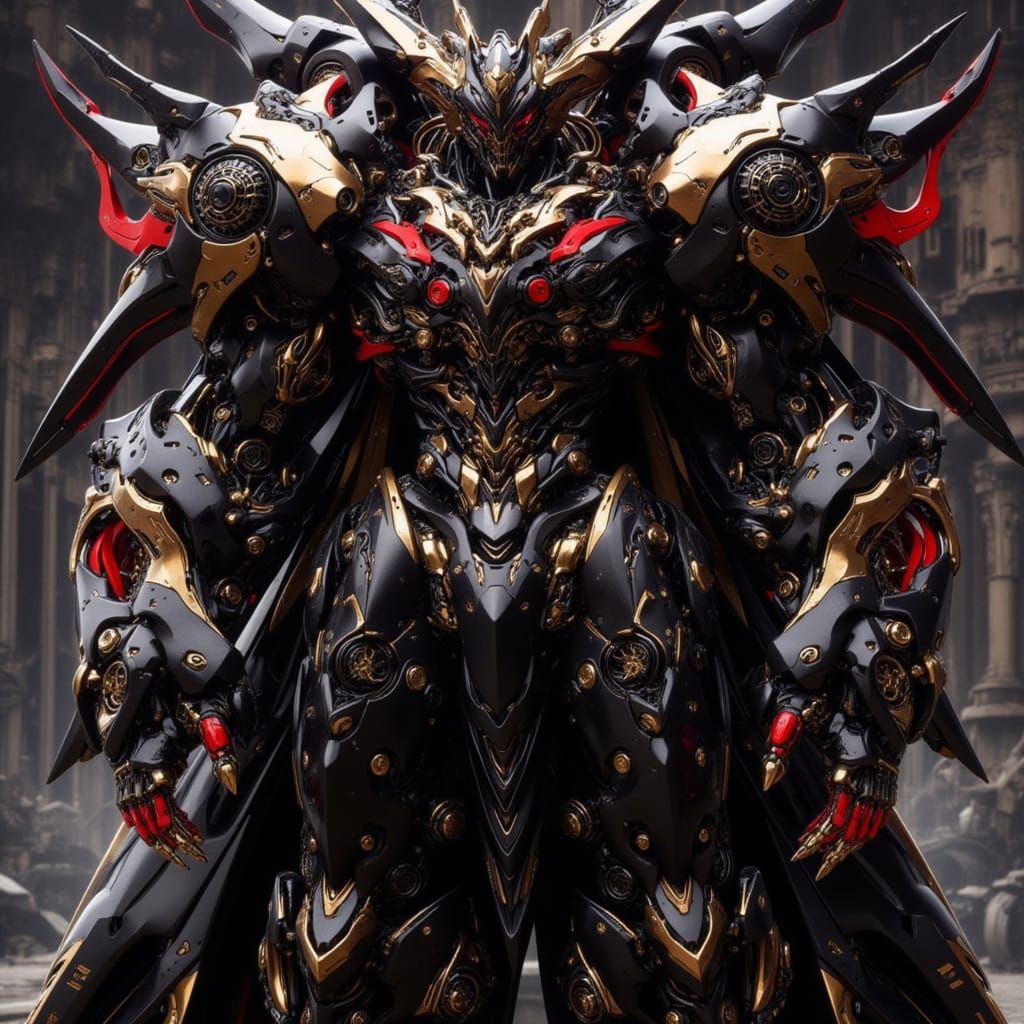<lora:Mecha Ominous:1.0> A upper body, portrait view a menacing imposing black mecha with gold and red accents