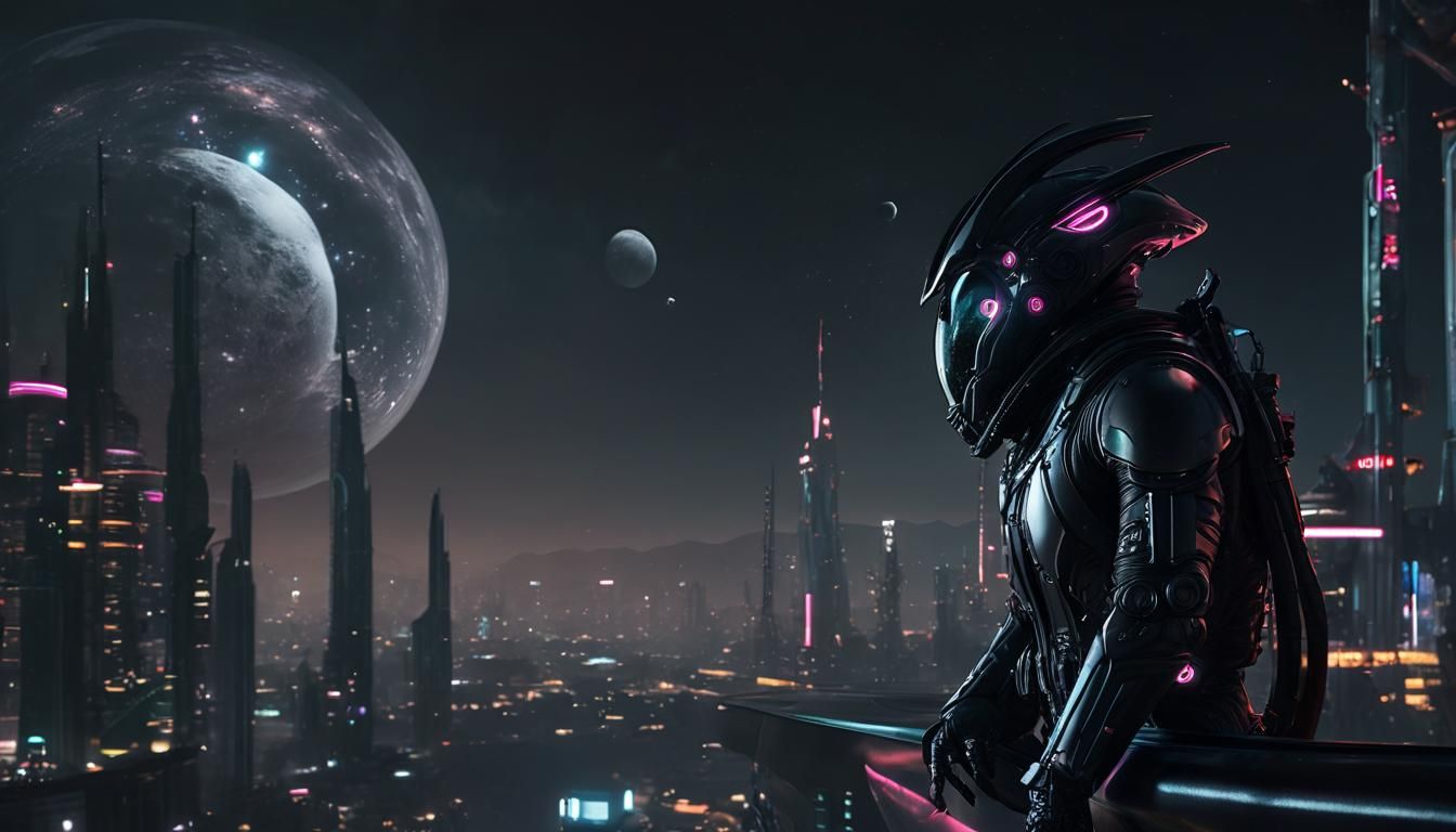 alien person gazing down at panoramic Futuristic alien bubbl...