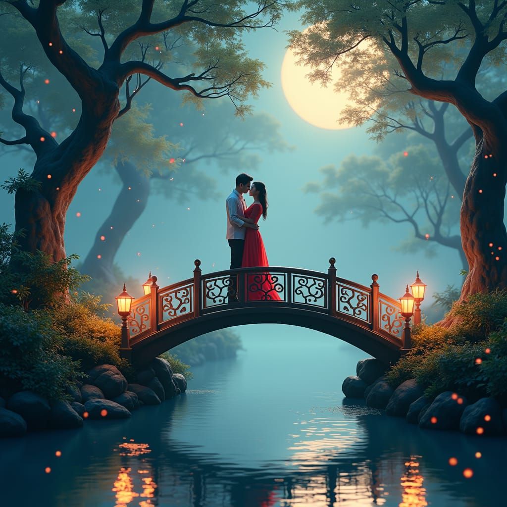 Chinese young woman and man, lovers meeting on a bridge with lantern in the moonlight with fireflies.