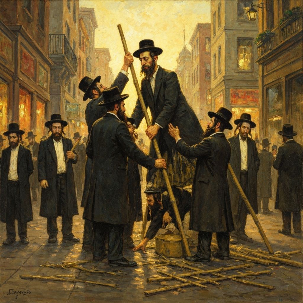 Hasidic Jews Building Sukkah in Bustling Street