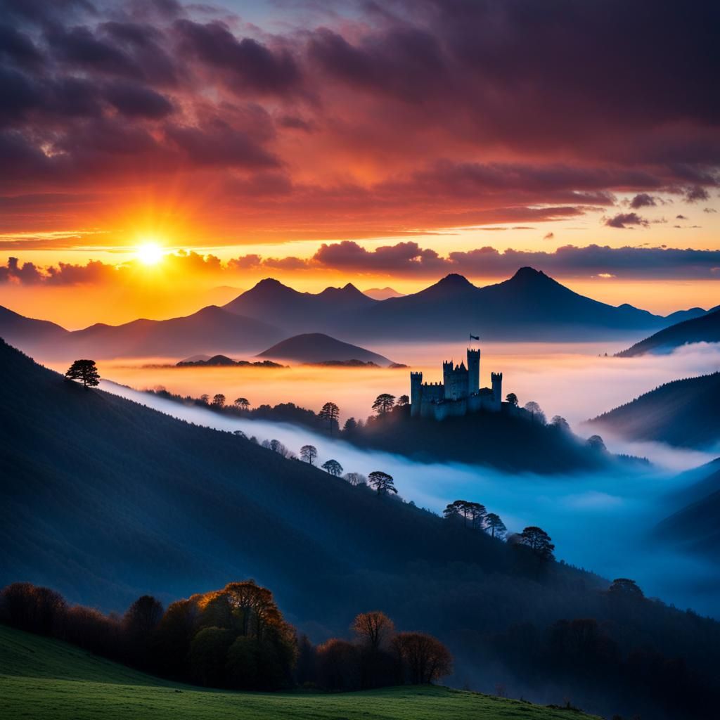 Misty sunrise over the mountains.