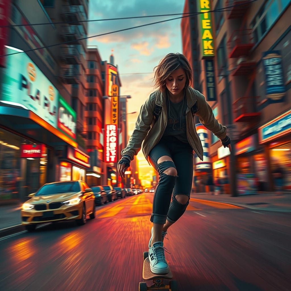 Woman Skateboarding Through Neon City Streets at Sunset