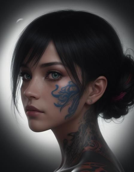A woman in her attic with very intricate tattoos that each m...